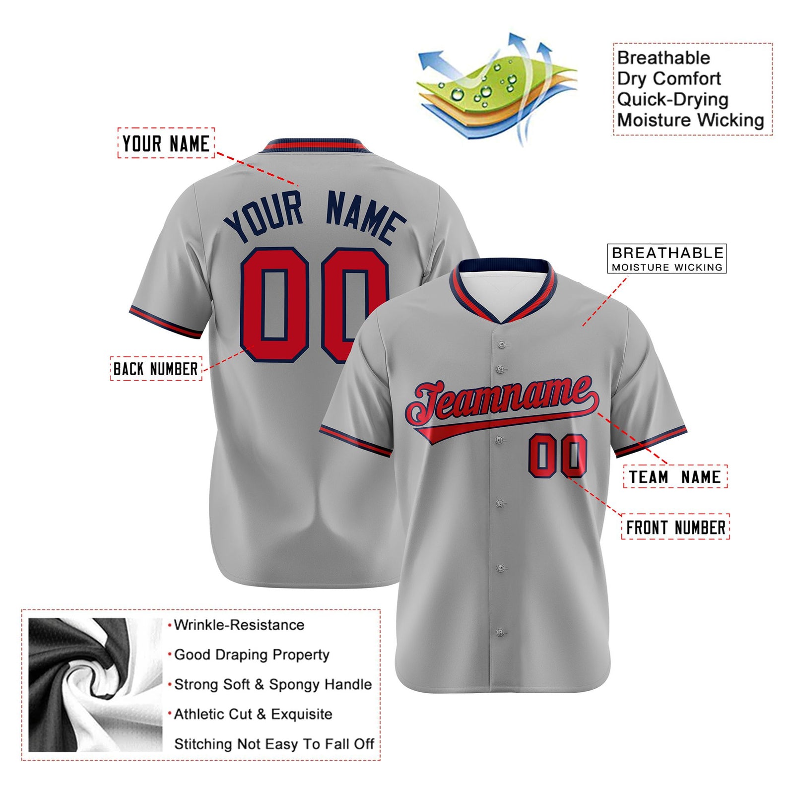 Custom Gray Red Navy Authentic Baseball Jersey