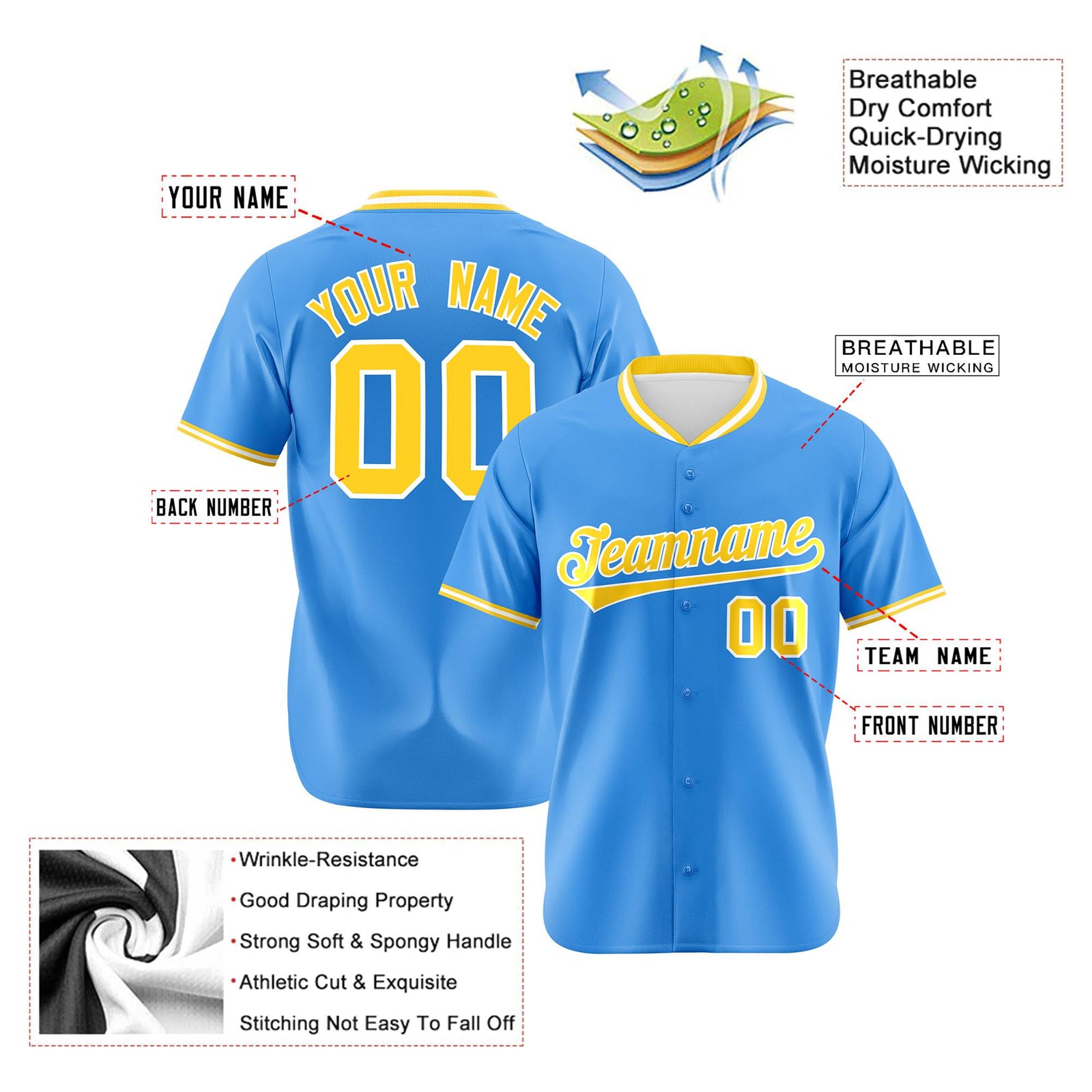 Custom Powder Blue Gold White Authentic Baseball Jersey