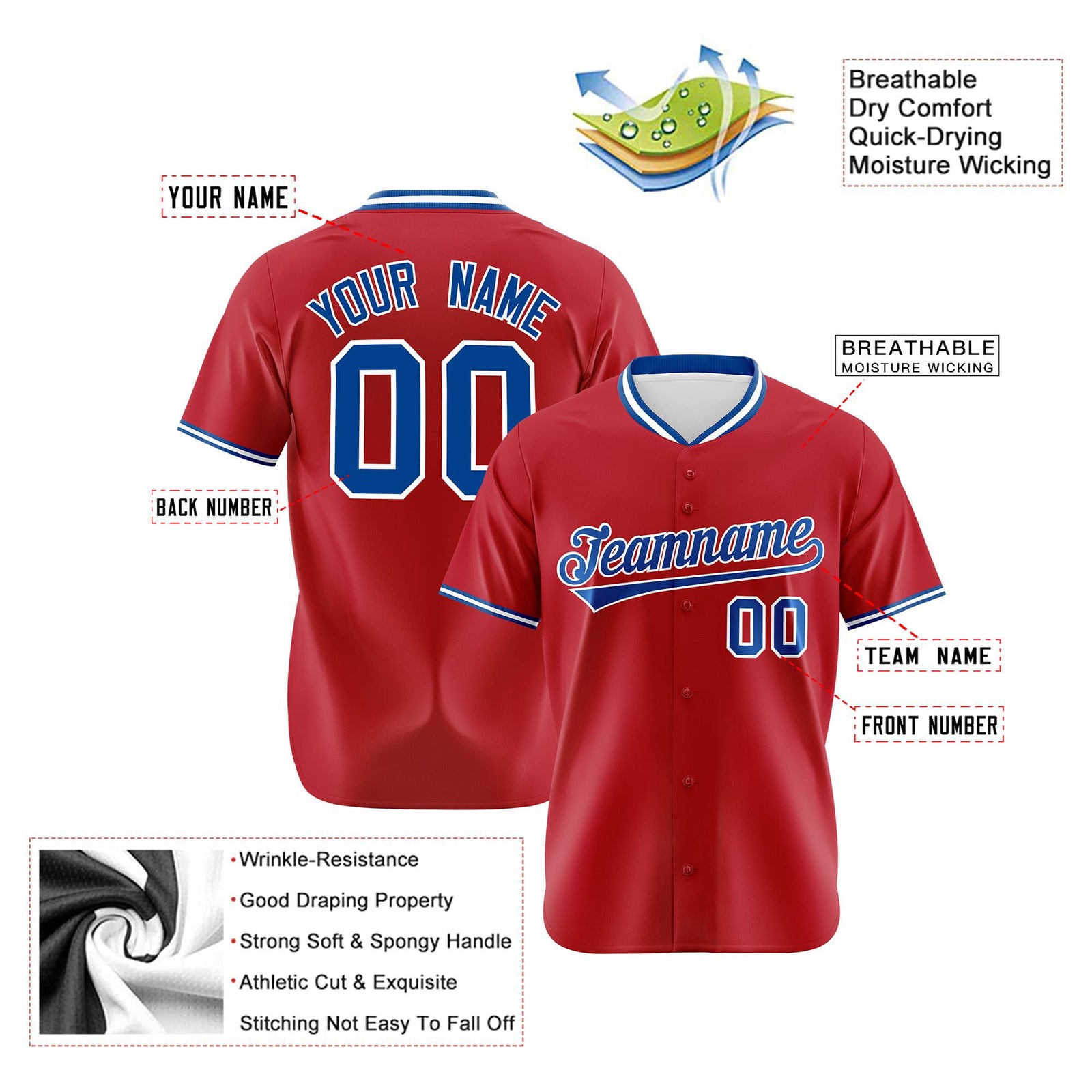 Custom Red Royal Blue White Authentic Baseball Jersey