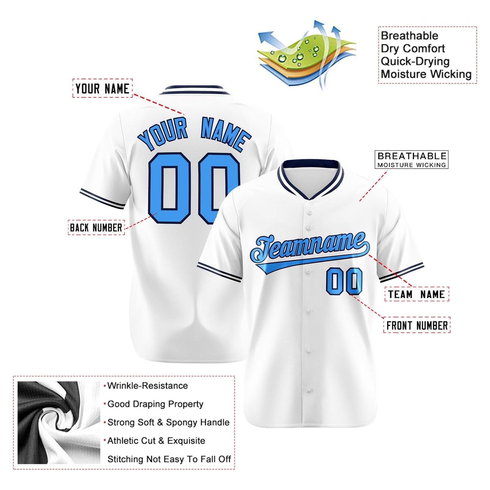 Custom White Powder Blue Black Authentic Baseball Jersey
