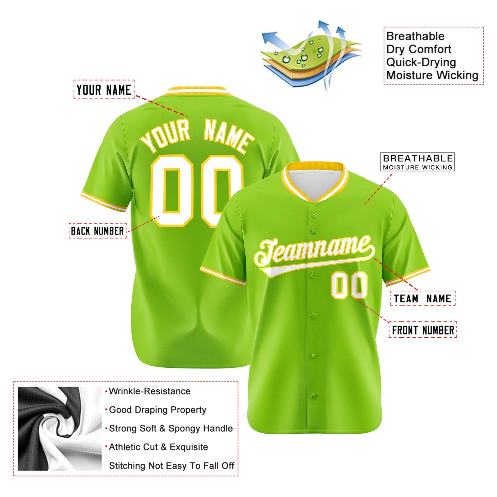 Custom Neon Green Gold White Authentic Baseball Jersey