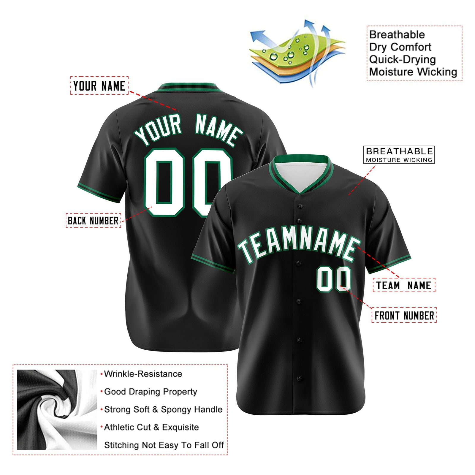 Custom Black Kelly Green White Authentic Baseball Jersey