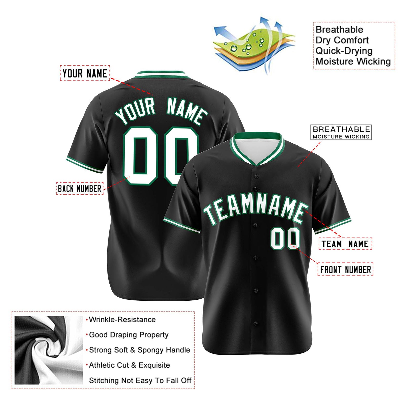 Custom Black Kelly Green White Authentic Baseball Jersey