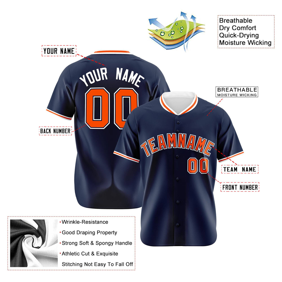 Custom Navy Orange White Authentic Baseball Jersey