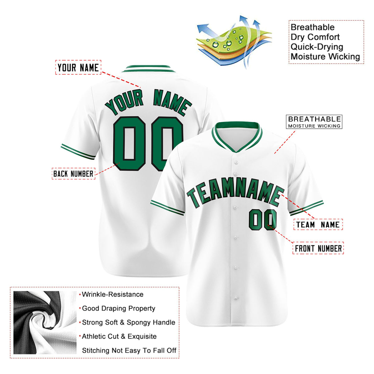 Custom White Kelly Green Black Authentic Baseball Jersey