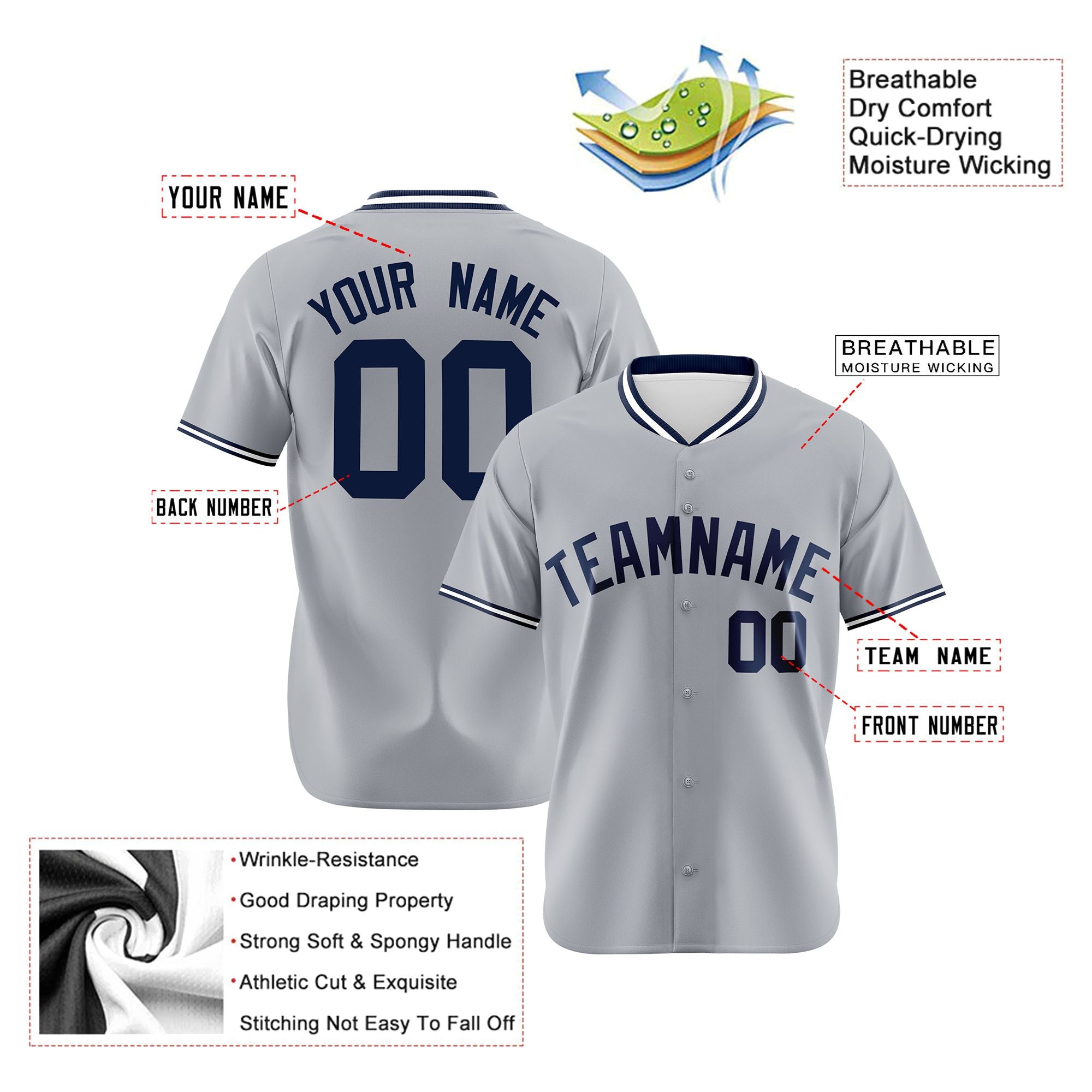 Custom Gray Navy White Authentic Baseball Jersey