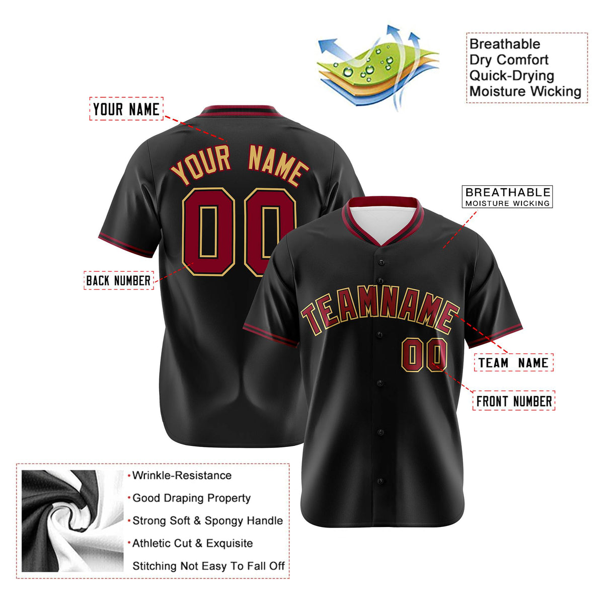 Custom Black Crimson Old Gold Authentic Baseball Jersey