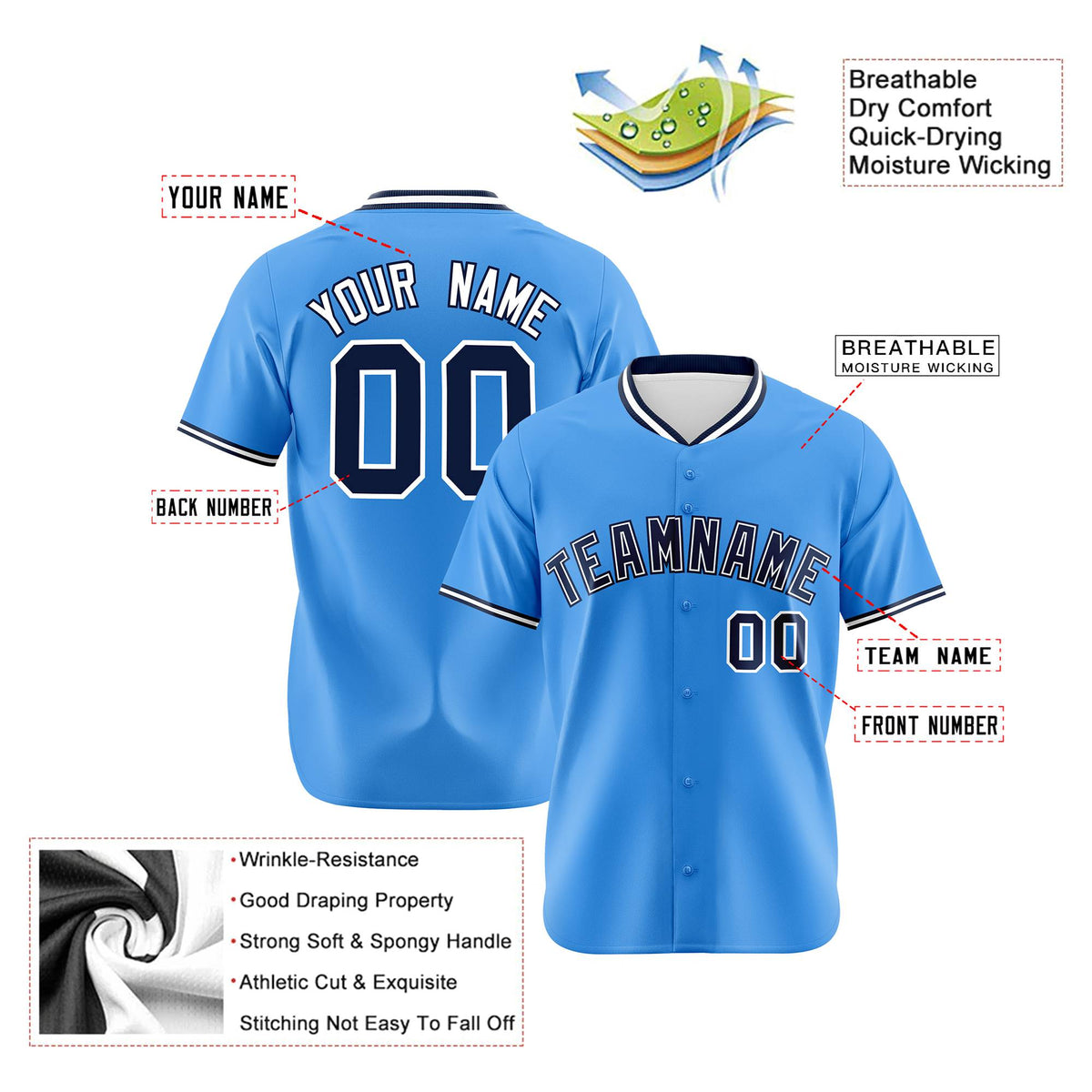 Custom Powder Blue Navy White Authentic Baseball Jersey