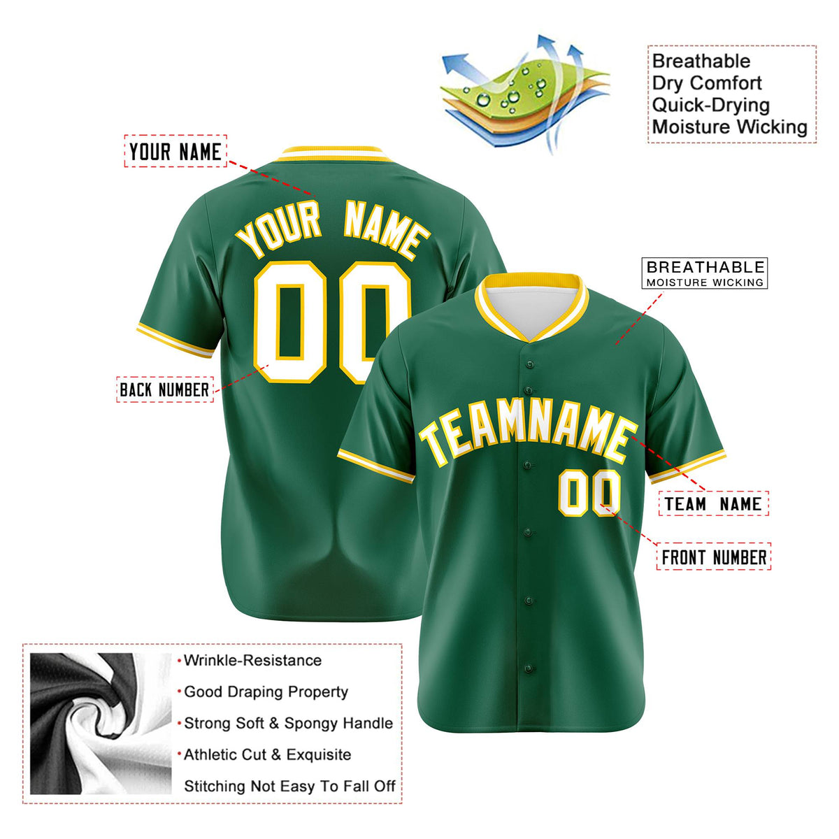 Custom Kelly Green Gold White Authentic Baseball Jersey