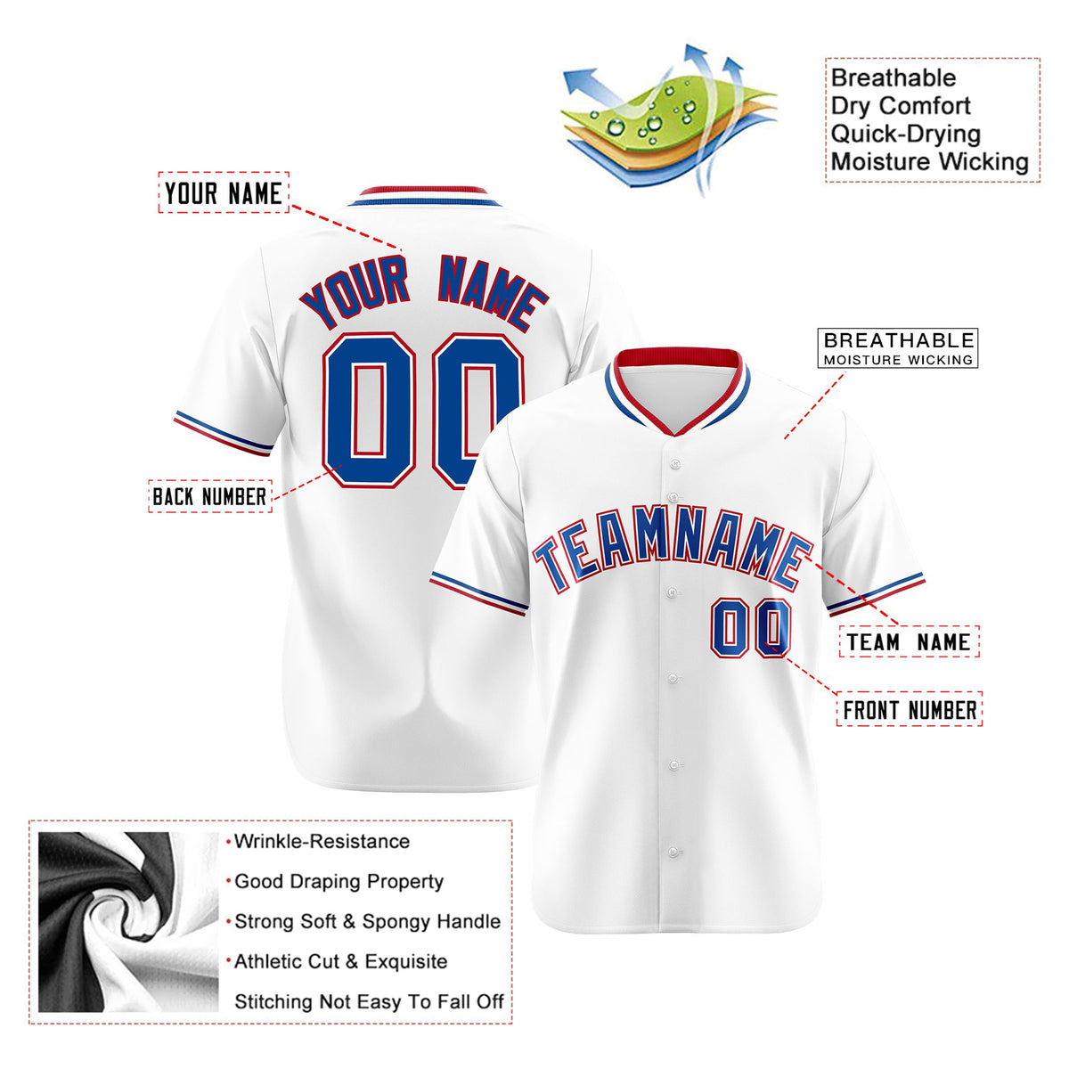 Custom White Royal Blue Red Authentic Baseball Jersey