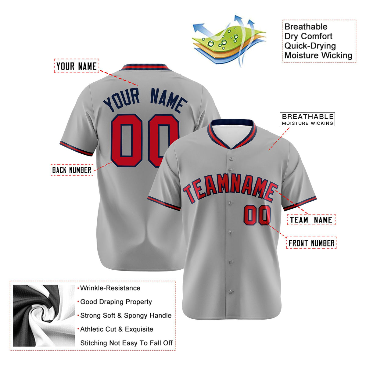 Custom Gray Red Navy Authentic Baseball Jersey