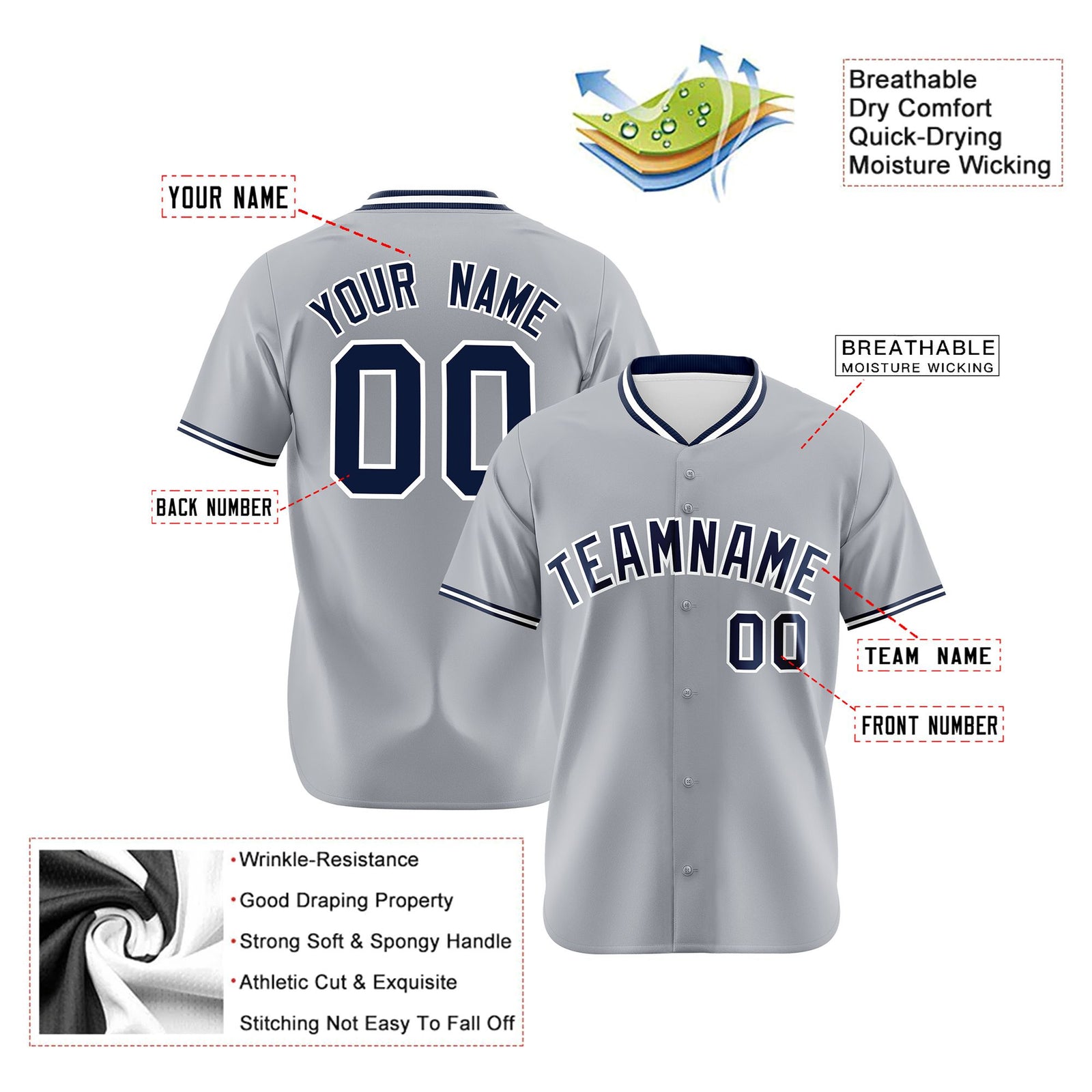 Custom Gray Navy White Authentic Baseball Jersey