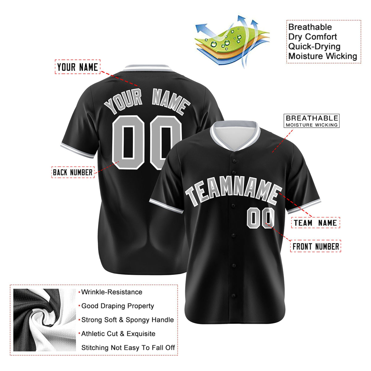 Custom Black Gray White Authentic Baseball Jersey