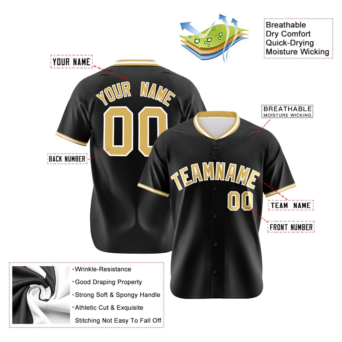 Custom Black Old Gold White Authentic Baseball Jersey