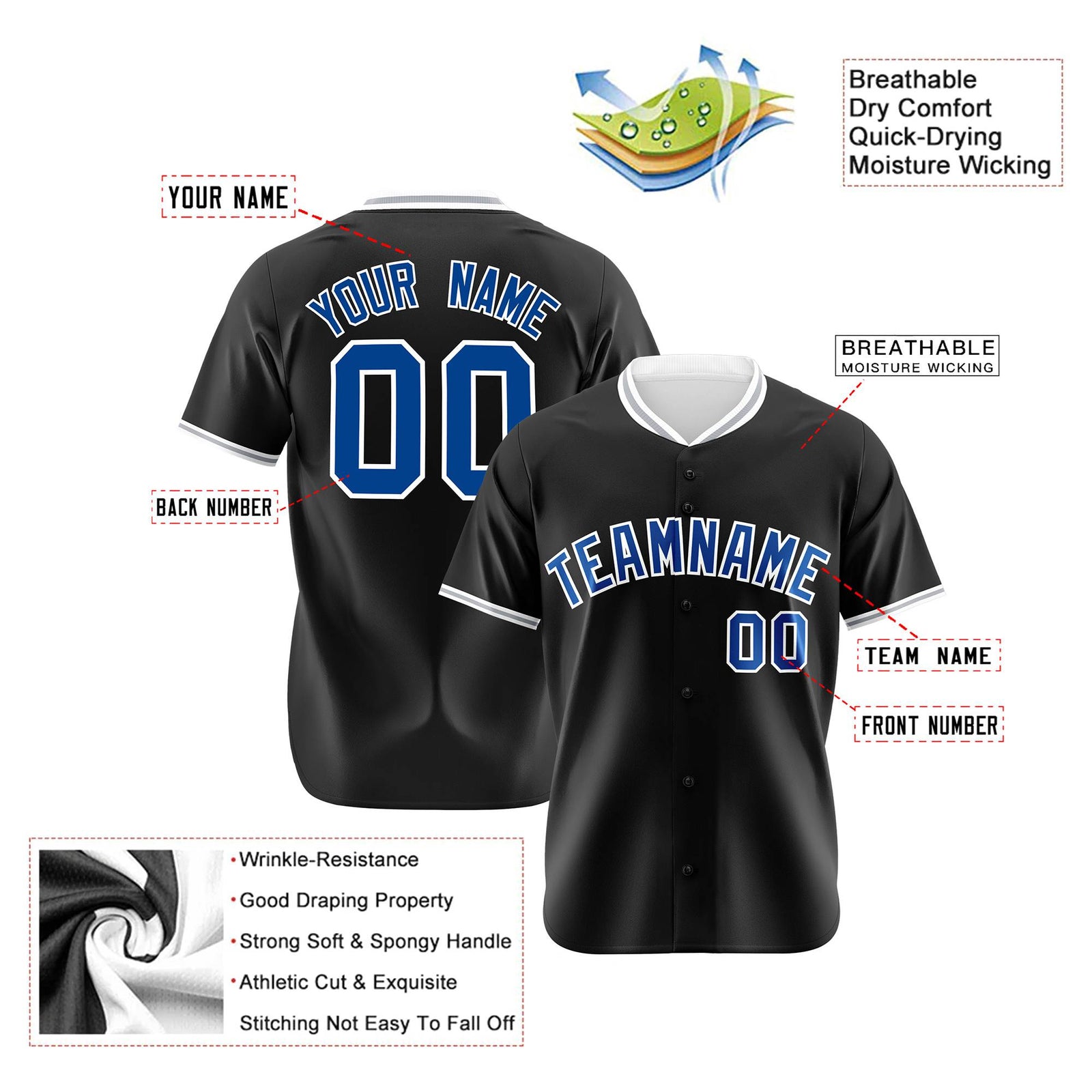 Custom Black Royal Blue White Authentic Baseball Jersey