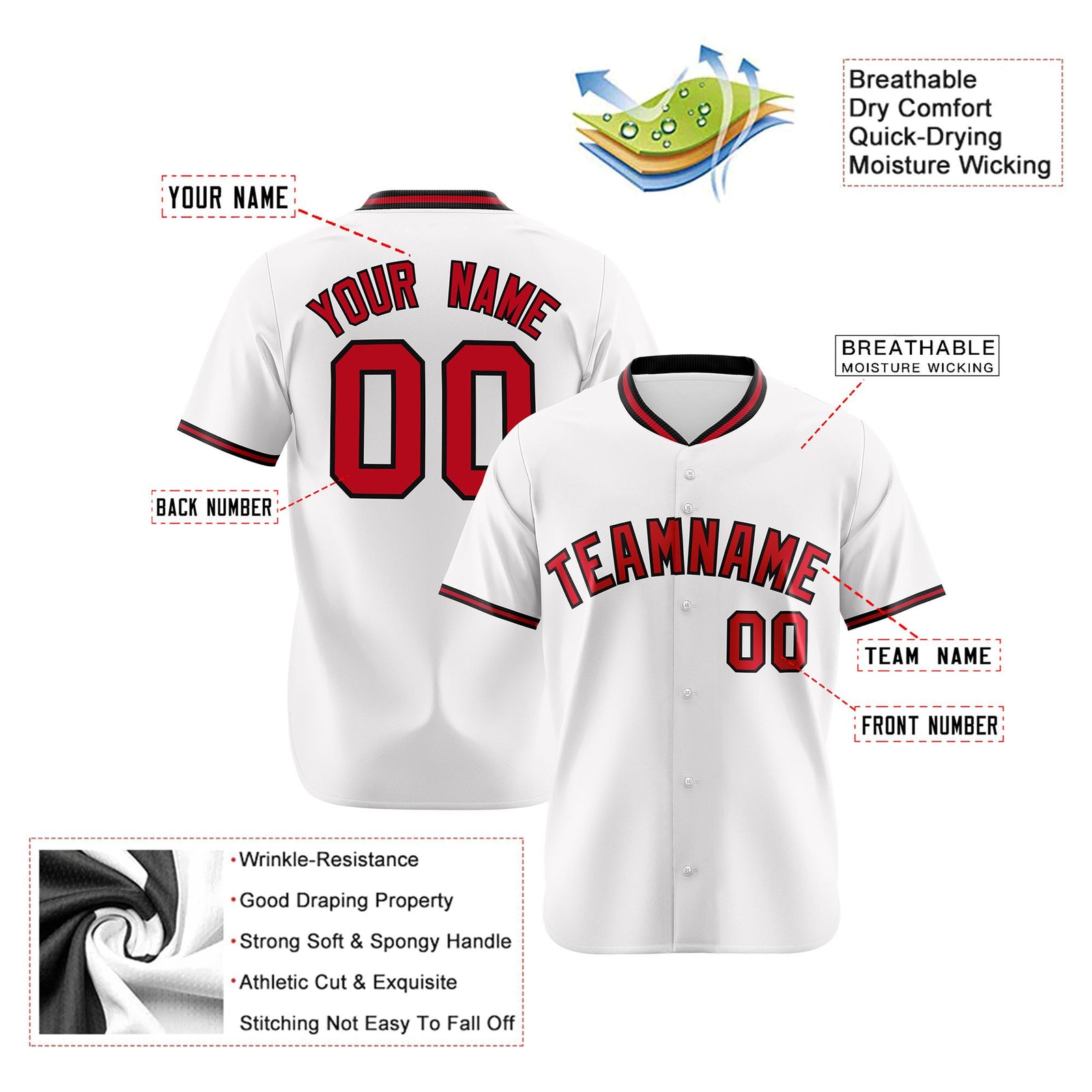 Custom White Black Red Authentic Baseball Jersey
