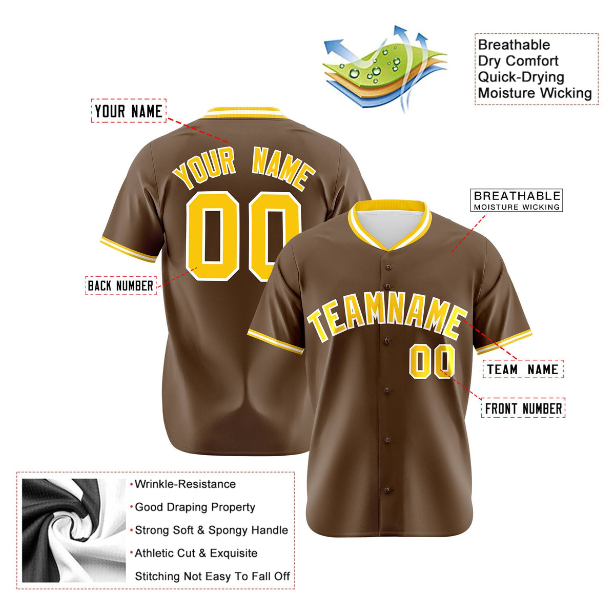 Custom Brown Gold White Authentic Baseball Jersey