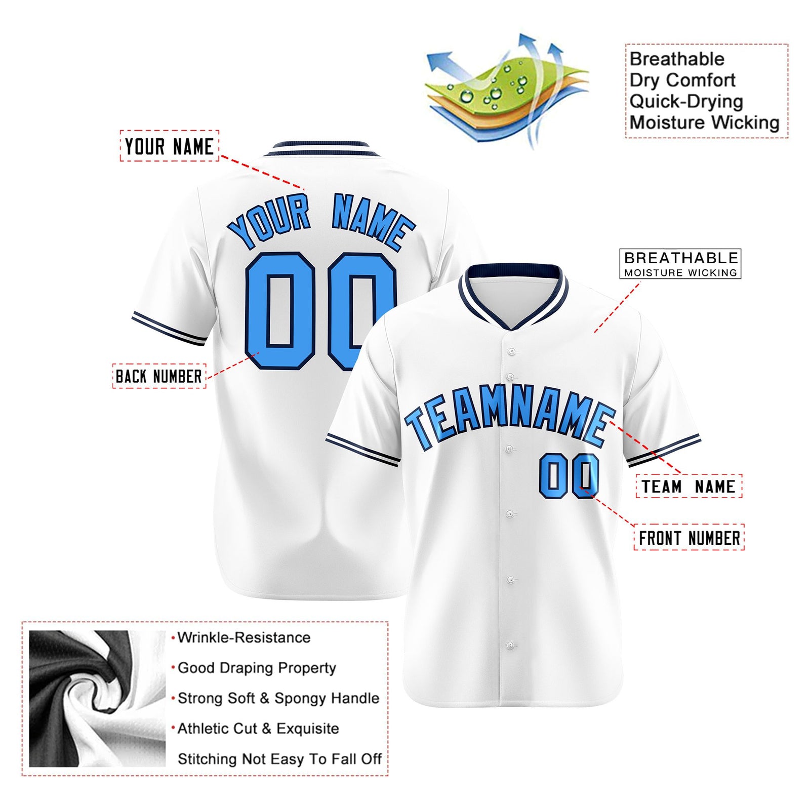 Custom White Powder Blue Black Authentic Baseball Jersey