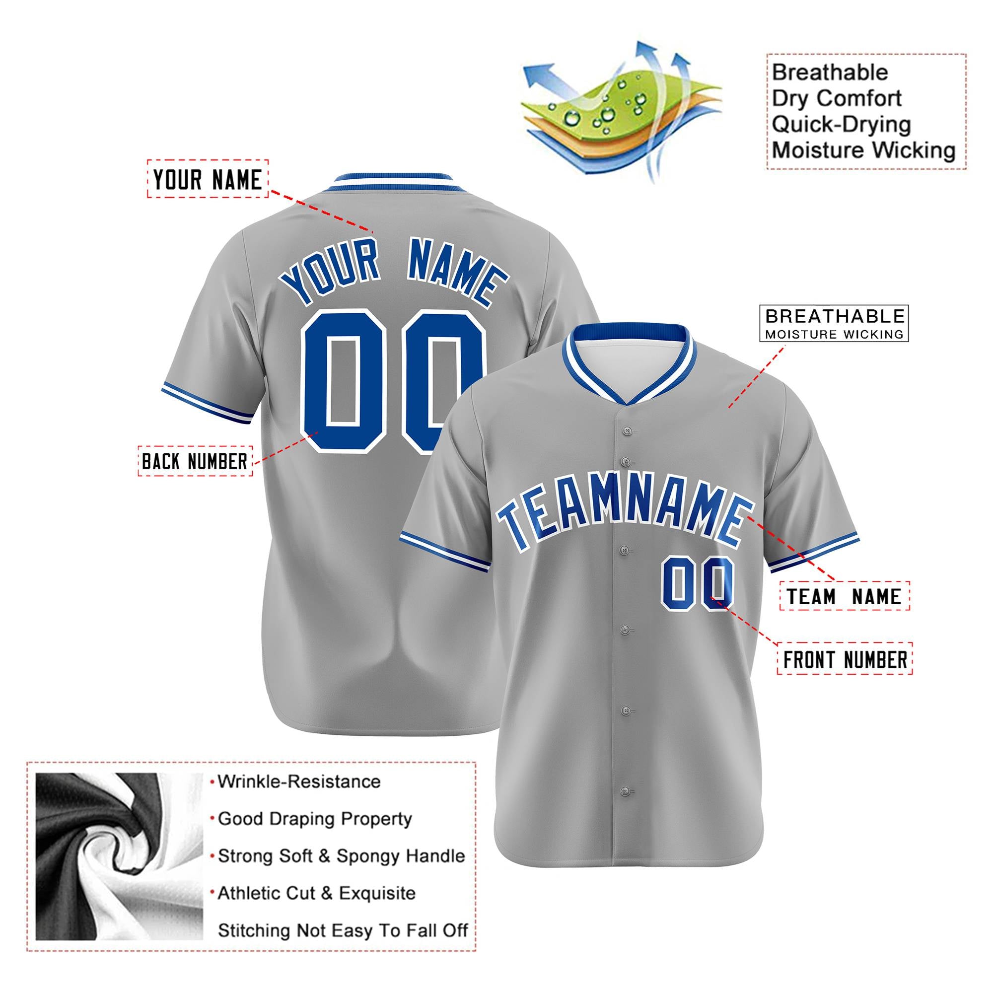 Custom Gray Royal Blue White Authentic Baseball Jersey