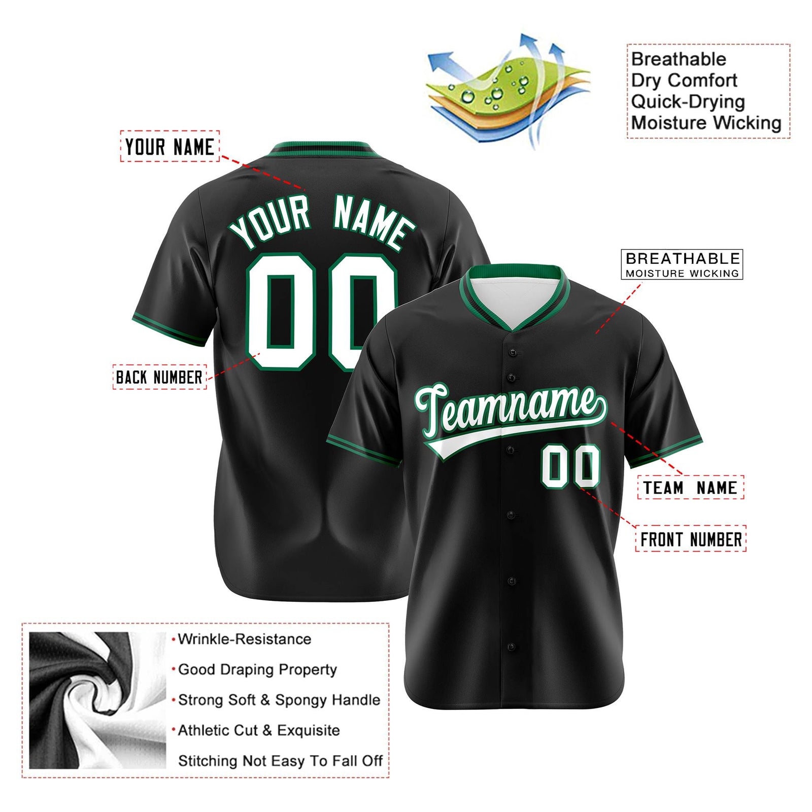 Custom Black Kelly Green White Authentic Baseball Jersey