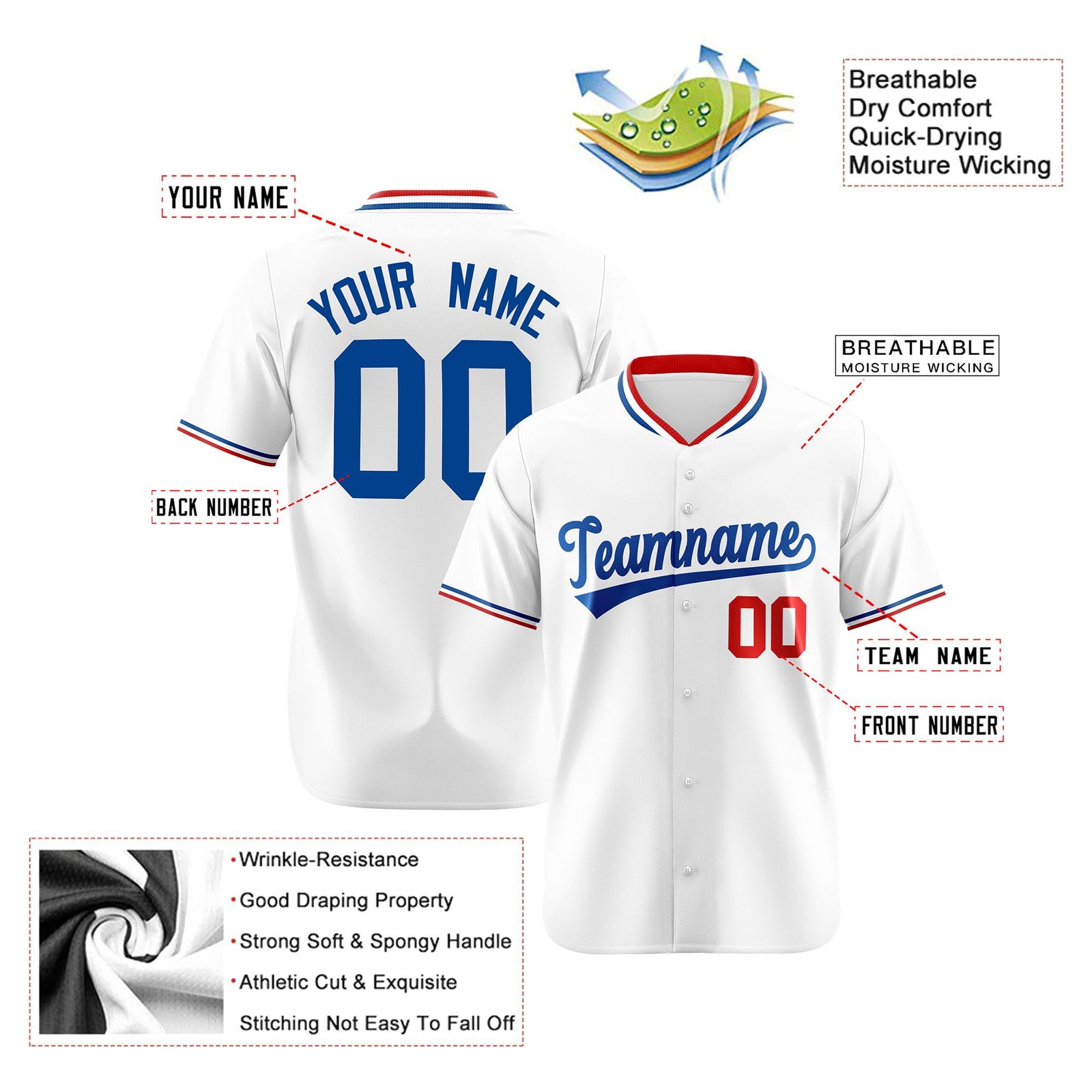 Custom White Red Blue Authentic Baseball Jersey