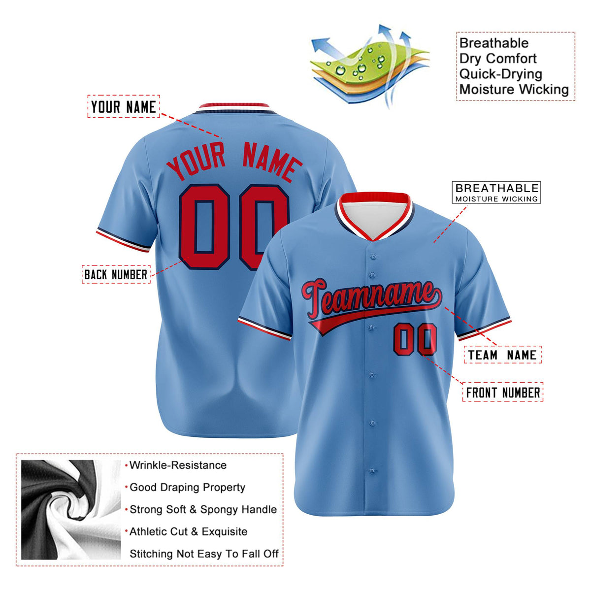 Custom Light Blue-Red-White Authentic Baseball Jersey