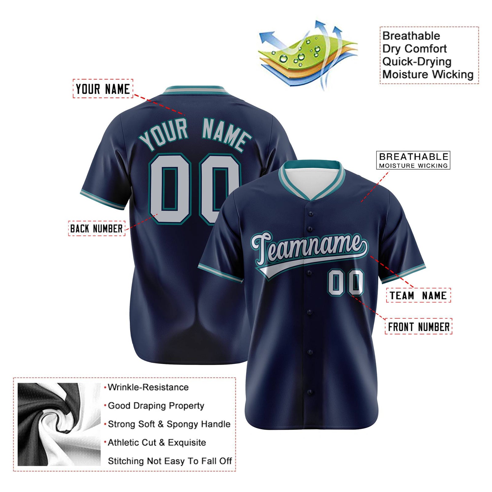 Custom Navy Aqua Gray Authentic Baseball Jersey