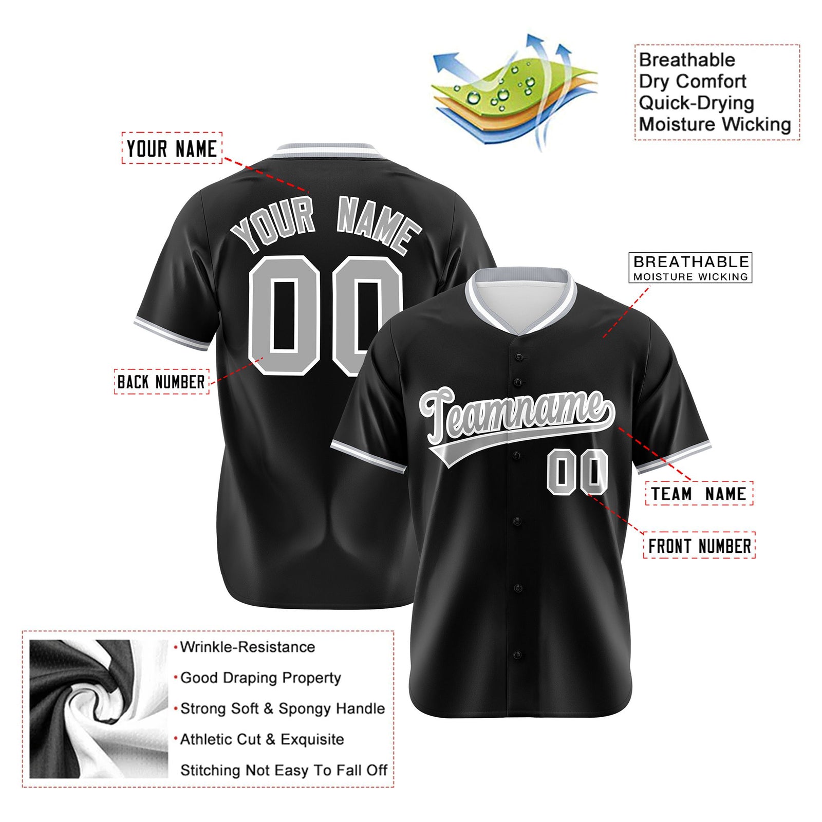 Custom Black Gray White Authentic Baseball Jersey