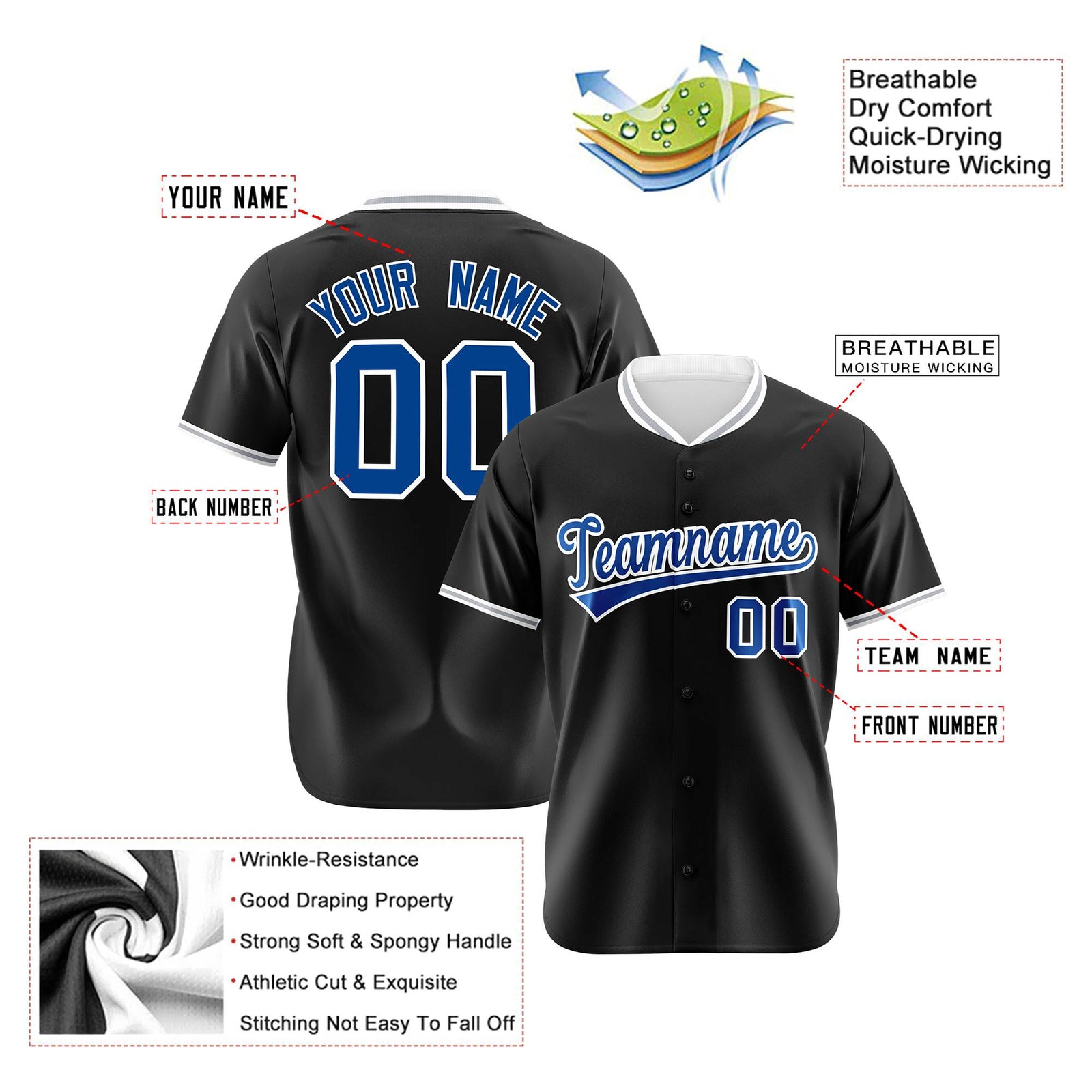 Custom Black Royal Blue White Authentic Baseball Jersey