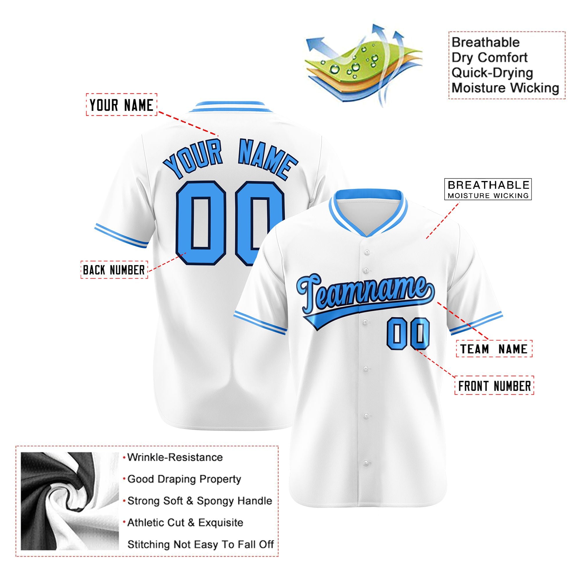 Custom White Light Blue Authentic Baseball Jersey