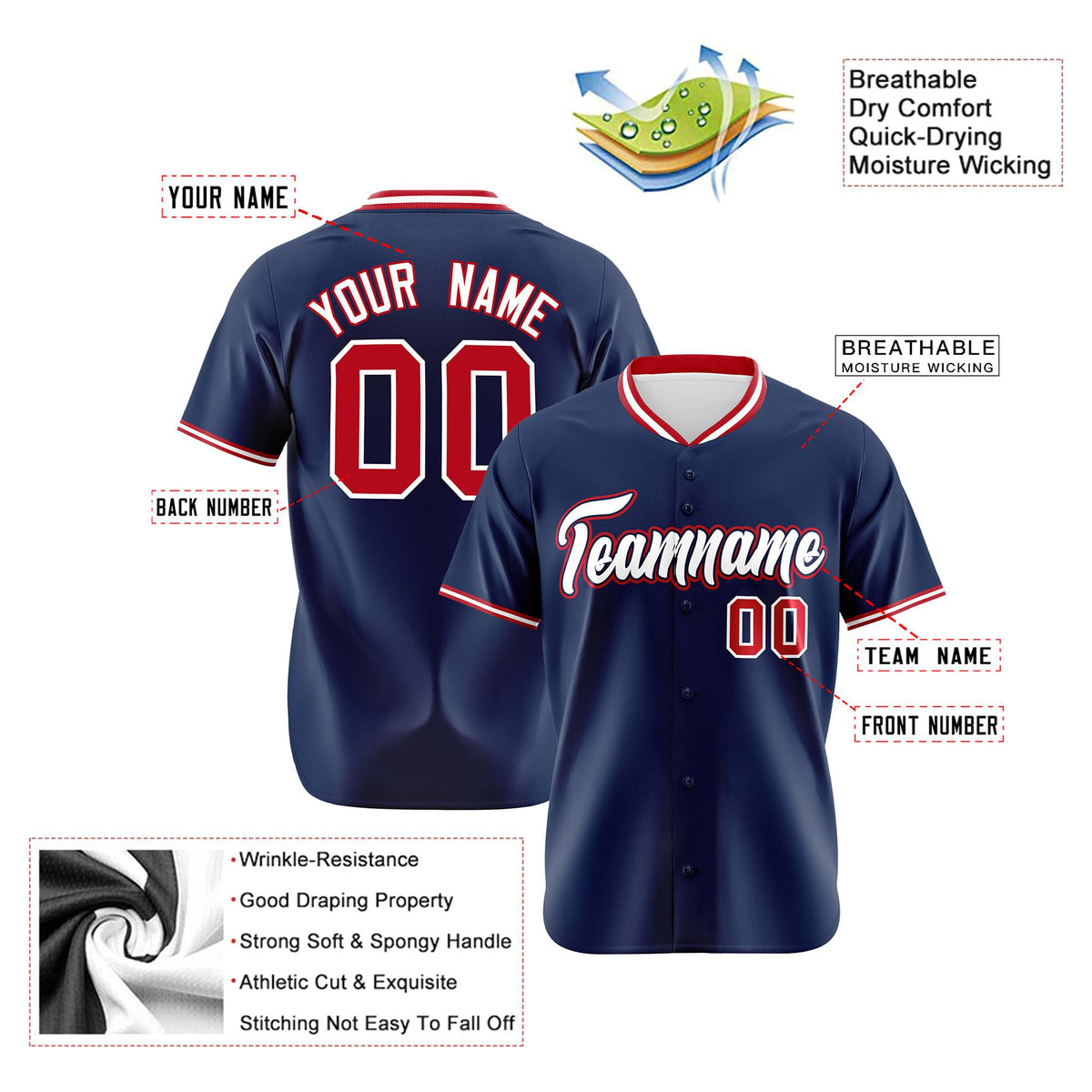 Custom Navy Red White Authentic Baseball Jersey