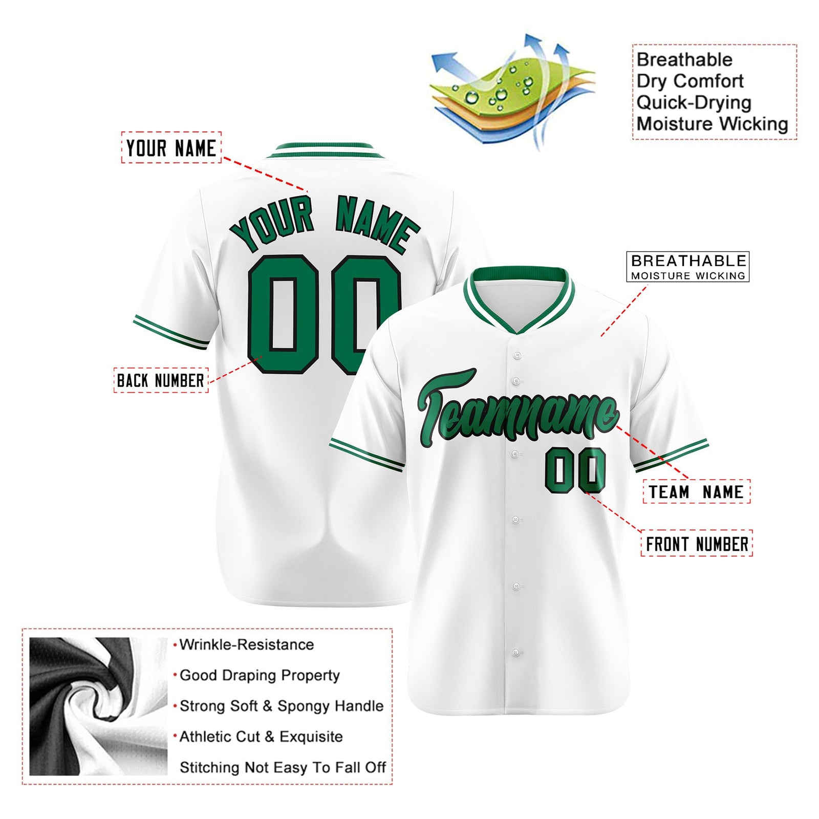 Custom White Kelly Green Black Authentic Baseball Jersey