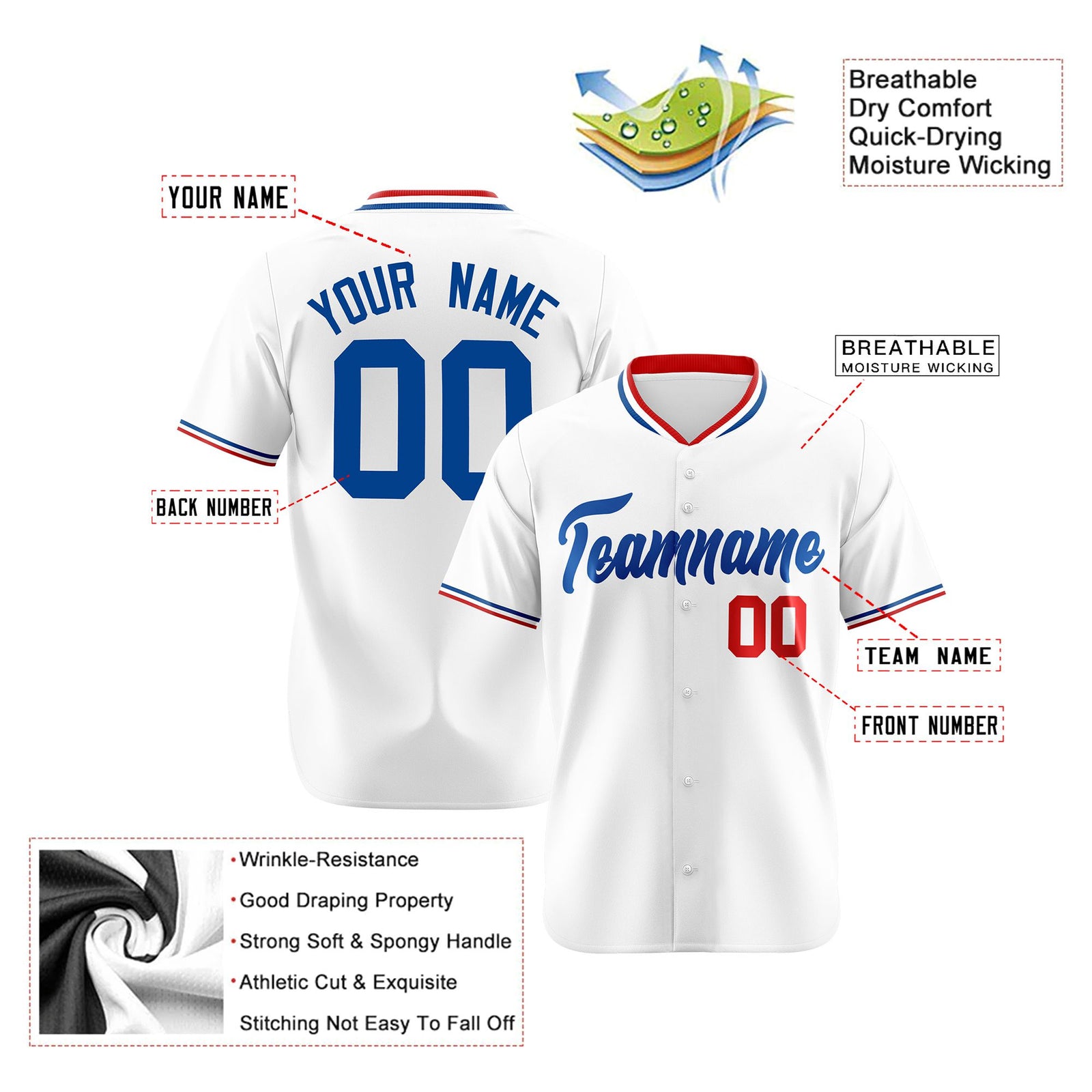 Custom White Red Blue Authentic Baseball Jersey