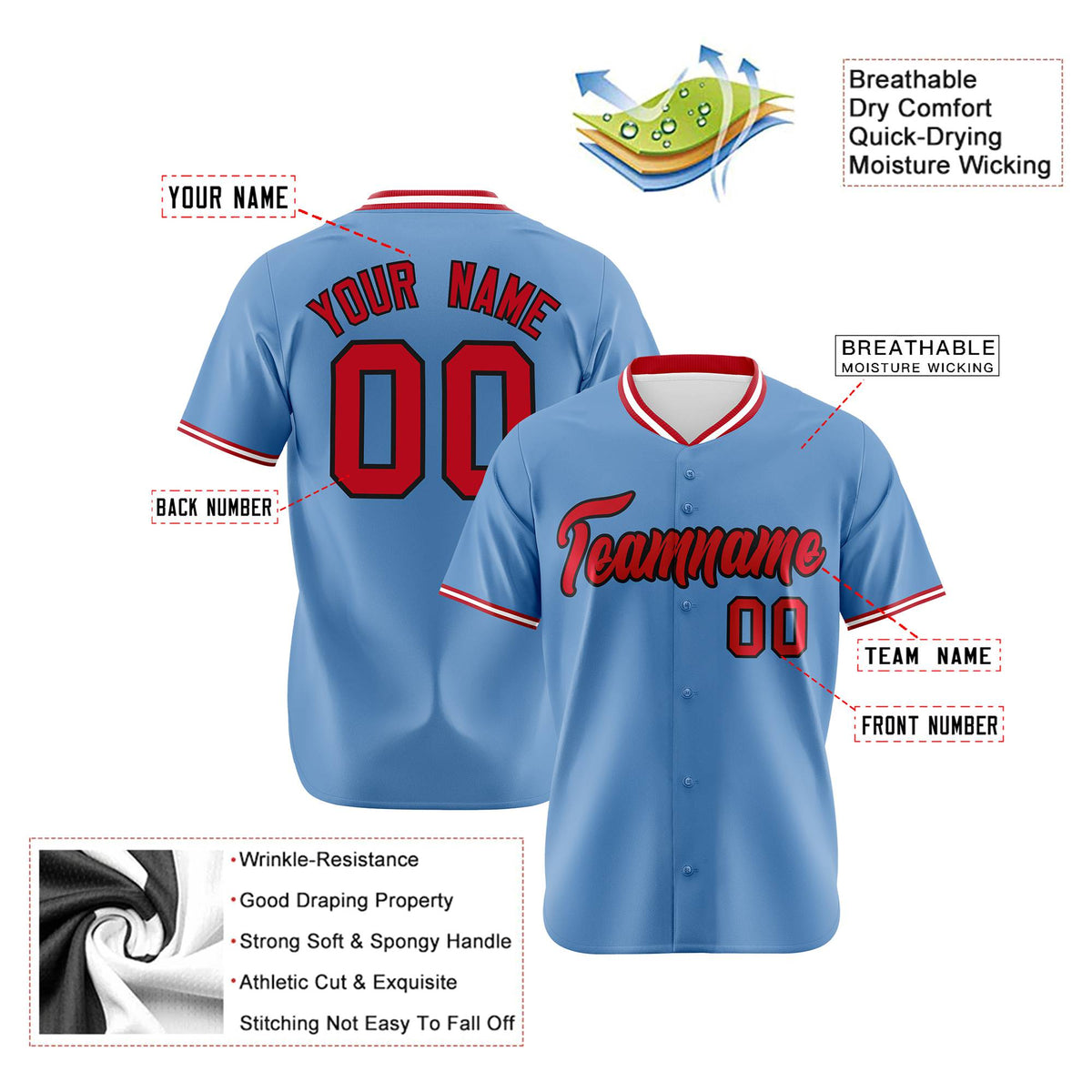 Custom Light Blue-Red -White Authentic Baseball Jersey