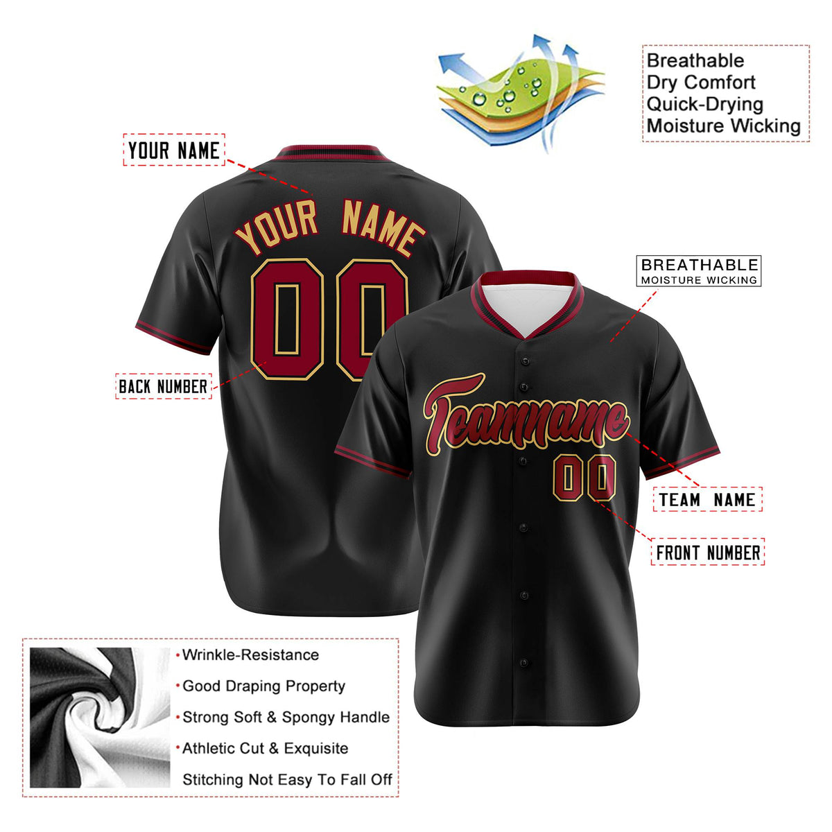 Custom Black Crimson Old Gold Authentic Baseball Jersey