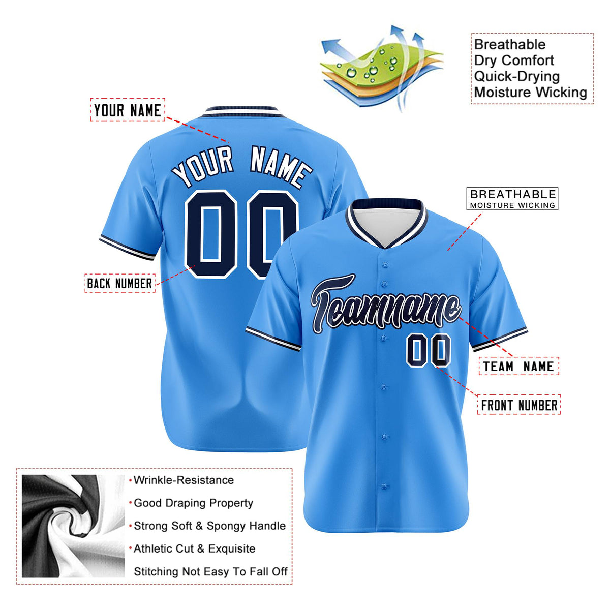 Custom Powder Blue Navy White Authentic Baseball Jersey