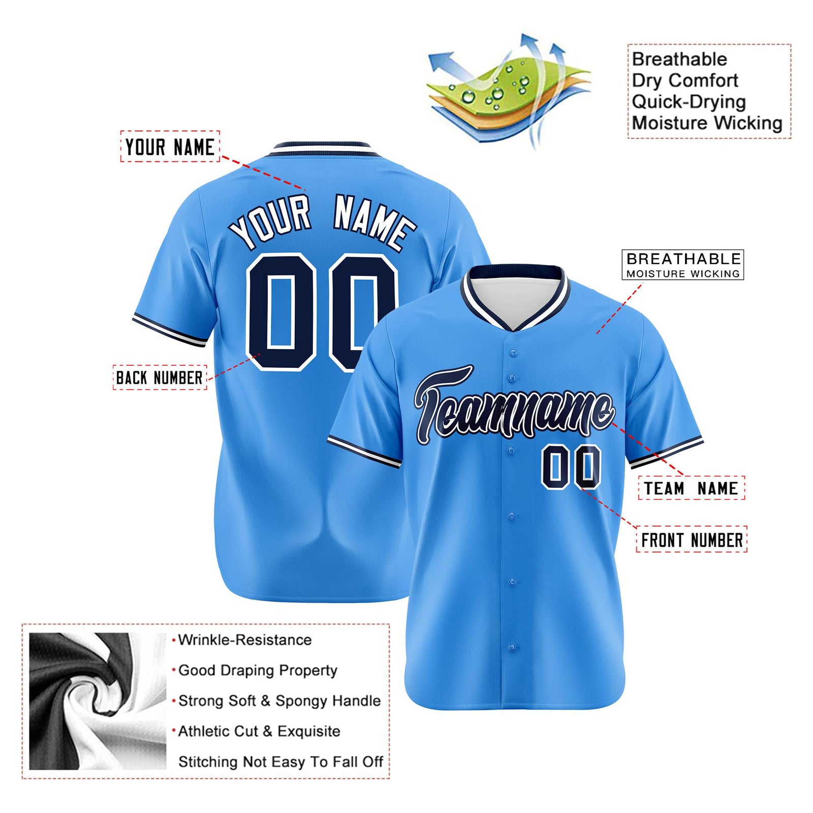 Custom Powder Blue Navy White Authentic Baseball Jersey