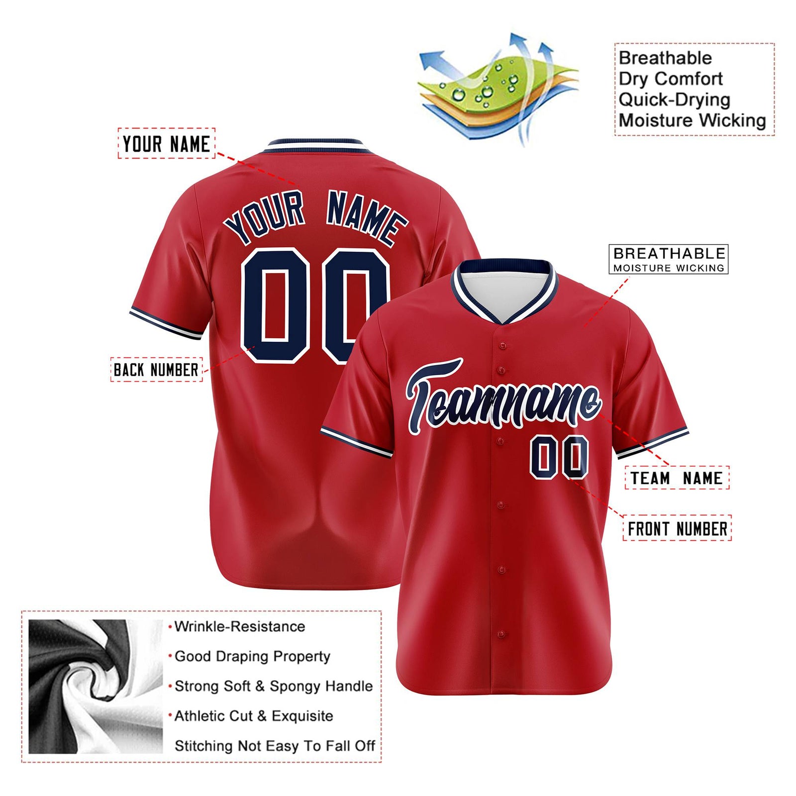 Custom Red Navy White Authentic Baseball Jersey