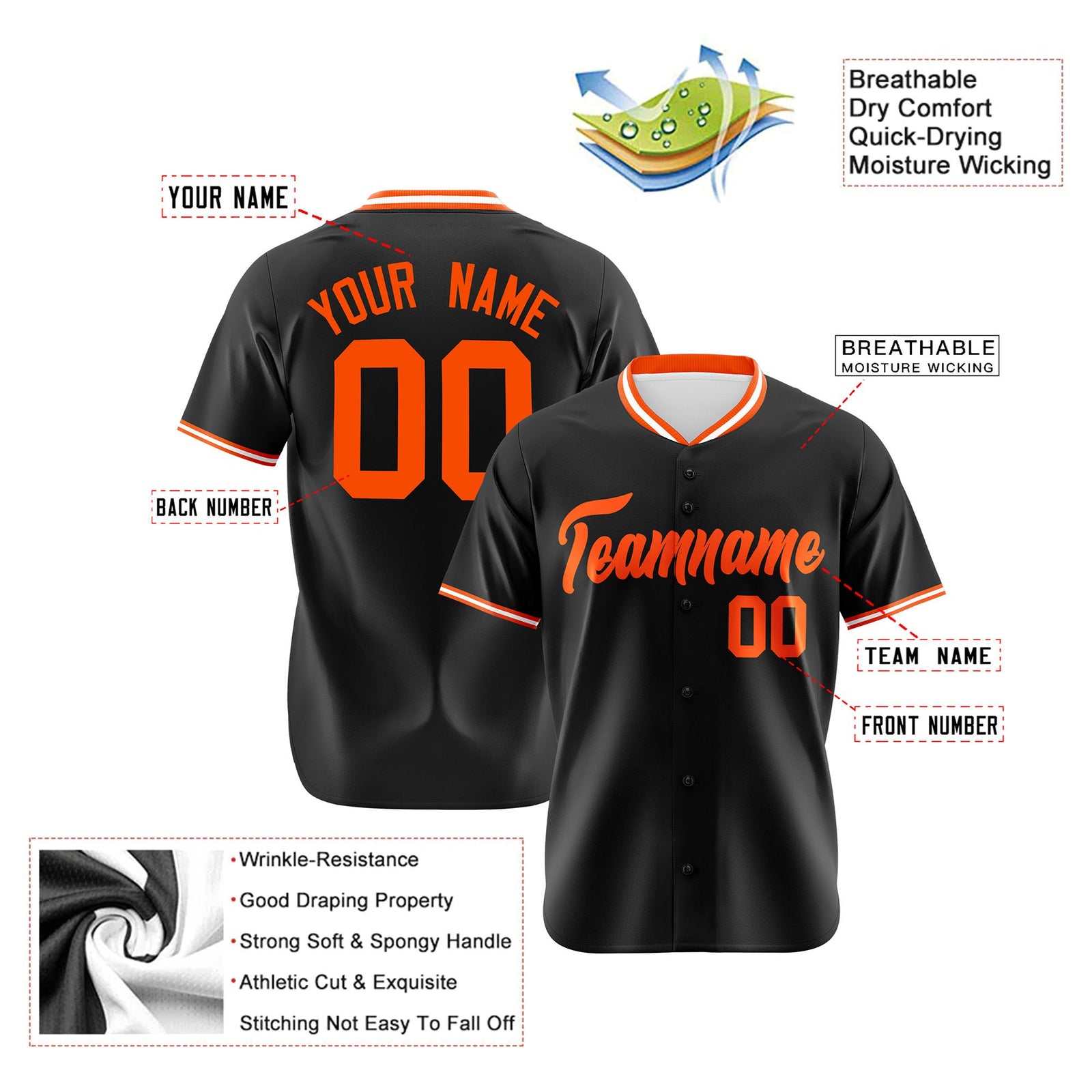 Custom Black Orange White Authentic Baseball Jersey