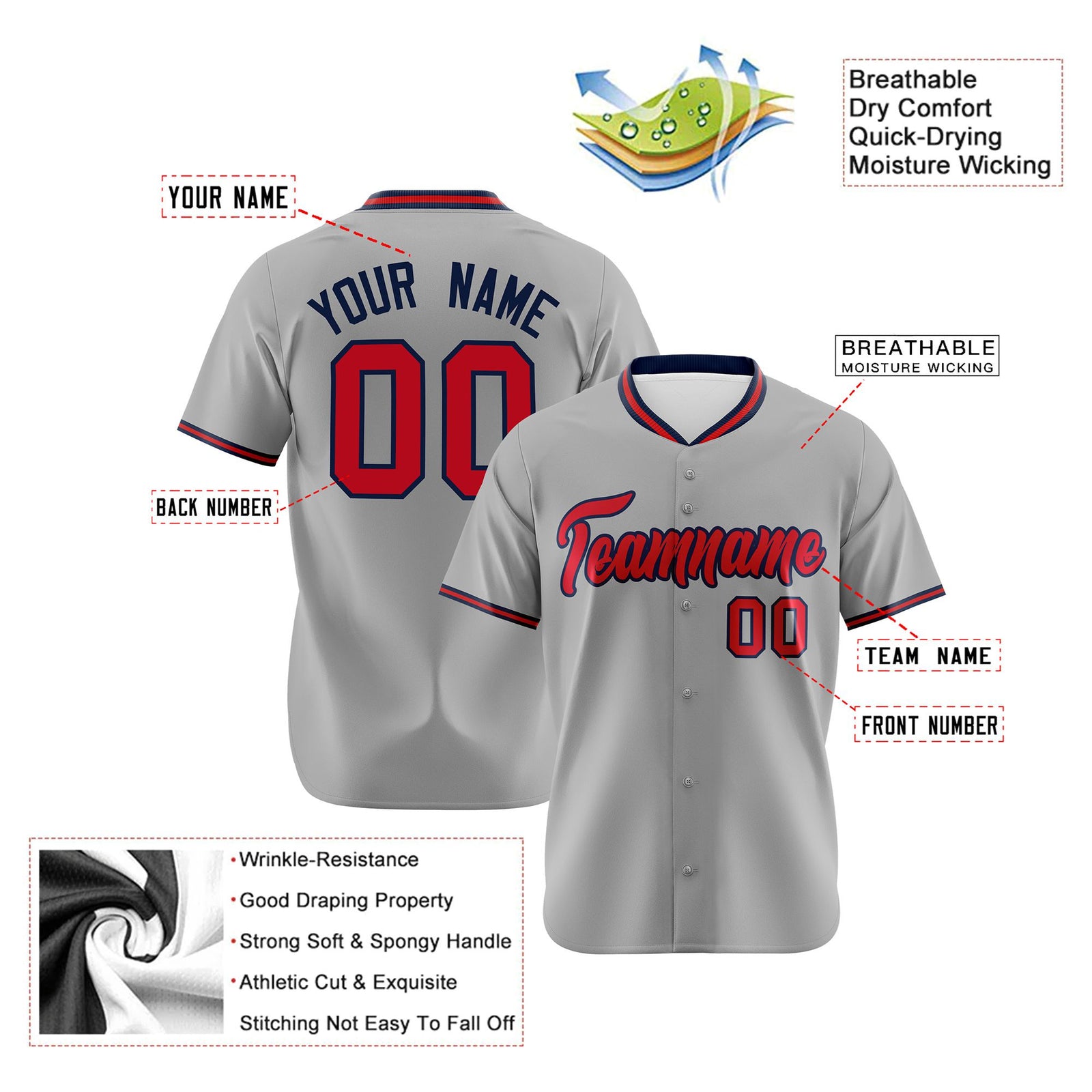 Custom Gray Red Navy Authentic Baseball Jersey