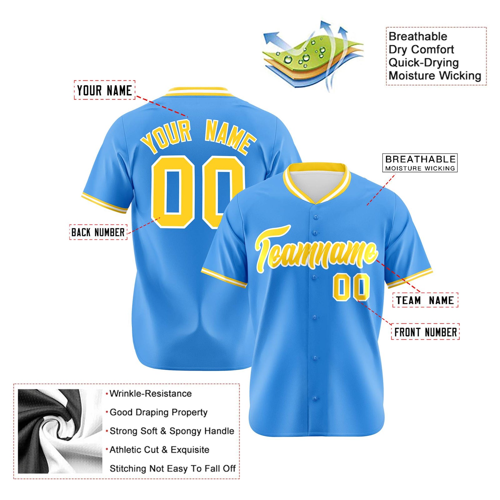 Custom Powder Blue Gold White Authentic Baseball Jersey