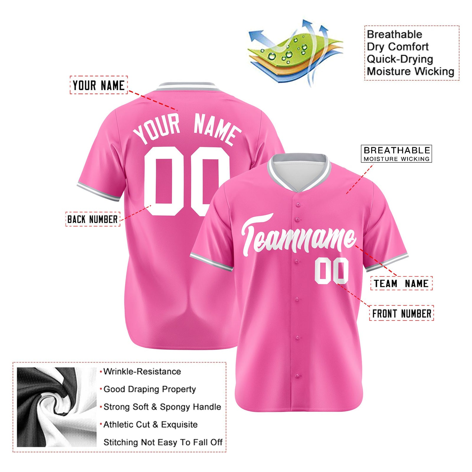 Custom Pink Gray White Authentic Baseball Jersey