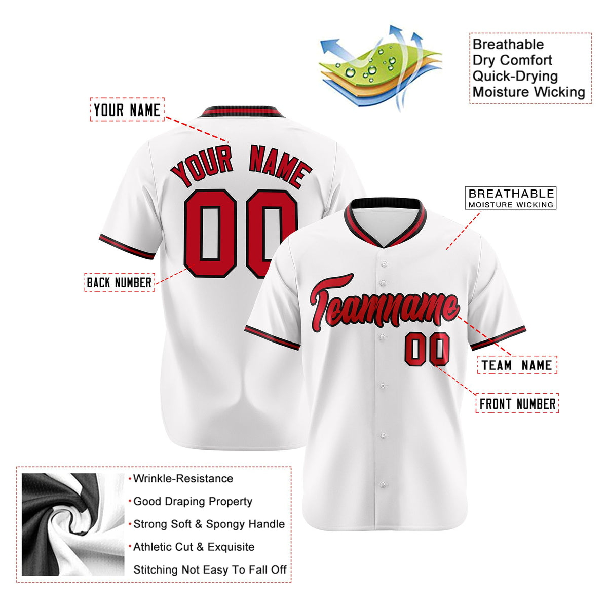 Custom White Black Red Authentic Baseball Jersey
