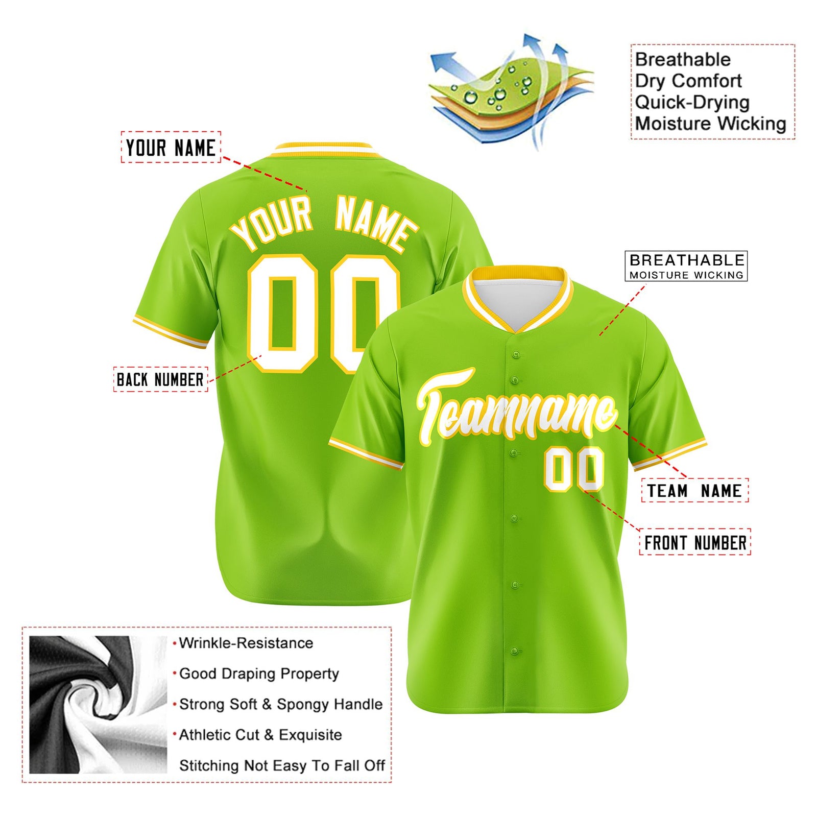 Custom Neon Green Gold White Authentic Baseball Jersey