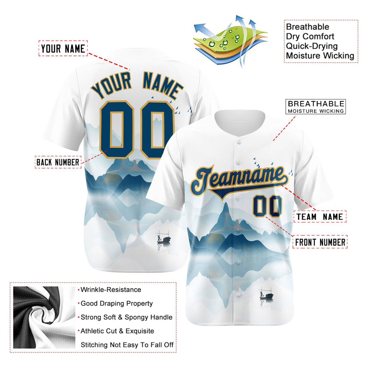 Custom White Light Blue Gold Authentic Printed Fashion Baseball Jersey