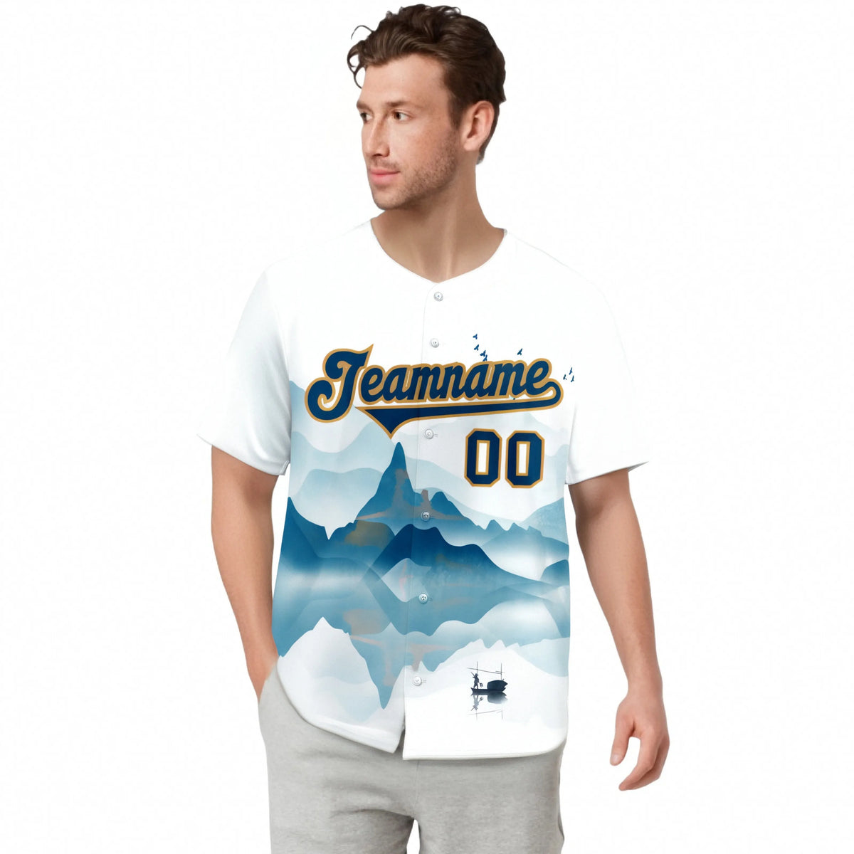 Custom White Light Blue Gold Authentic Printed Fashion Baseball Jersey