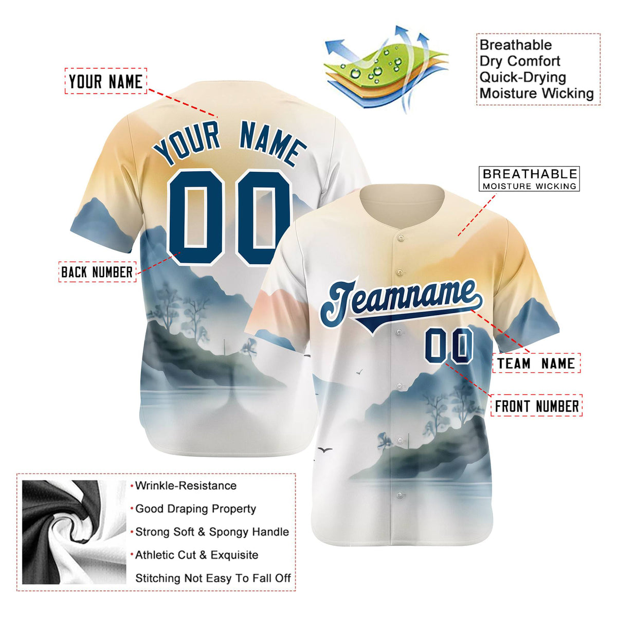 Custom White Light Blue Orange Authentic Printed Fashion Baseball Jersey