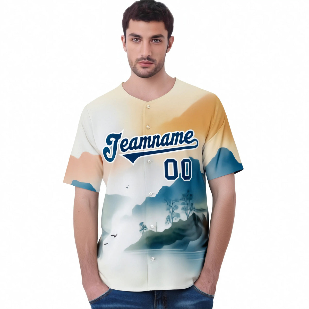 Custom White Light Blue Orange Authentic Printed Fashion Baseball Jersey