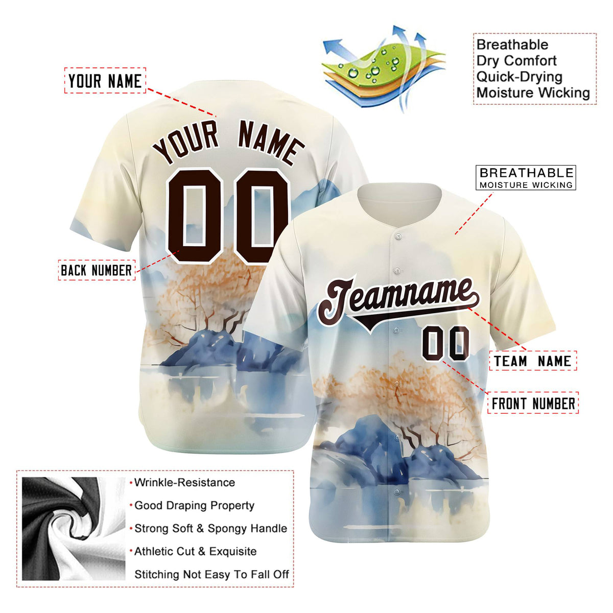 Custom White Brown Light Blue Authentic Printed Fashion Baseball Jersey