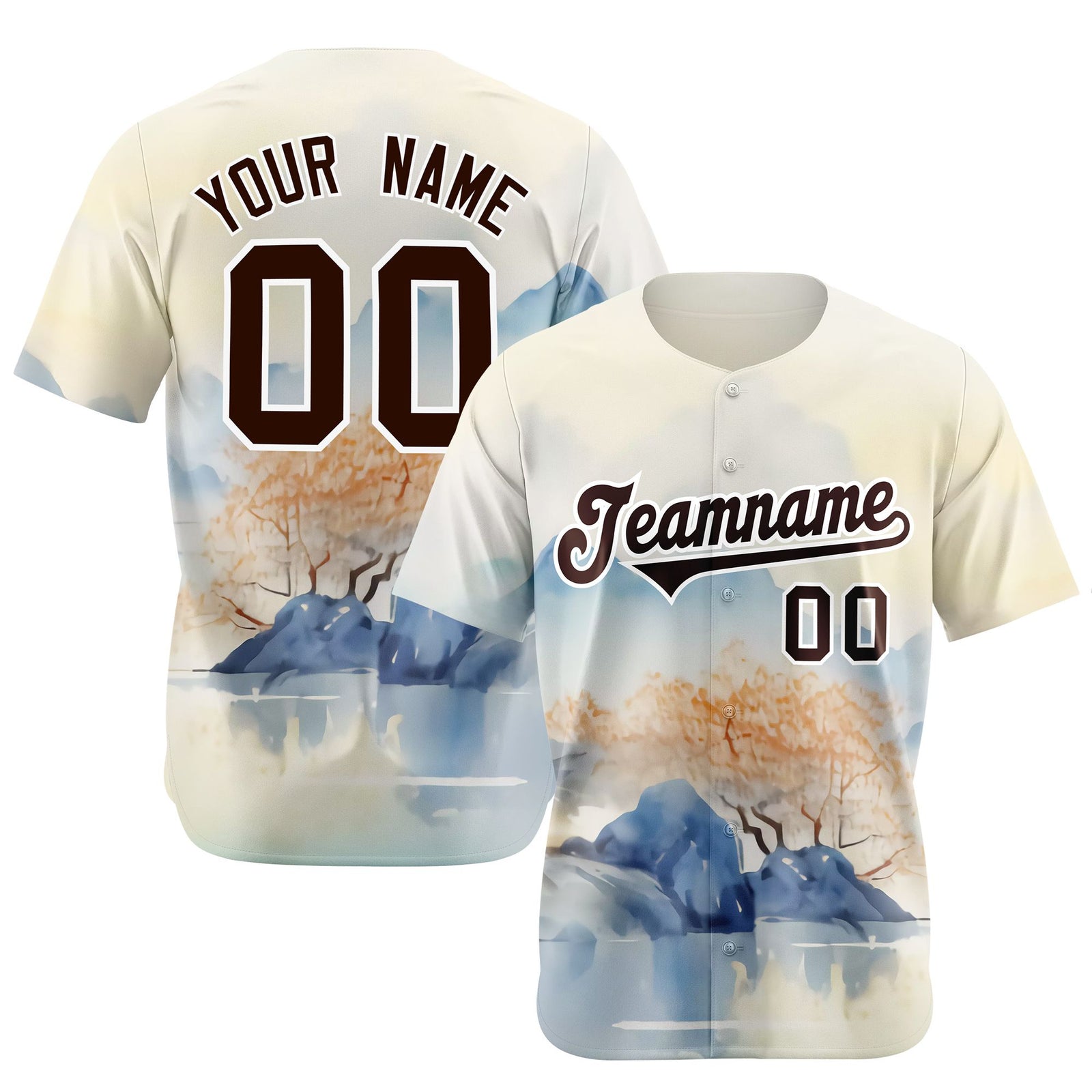 Custom White Brown Light Blue Authentic Printed Fashion Baseball Jersey